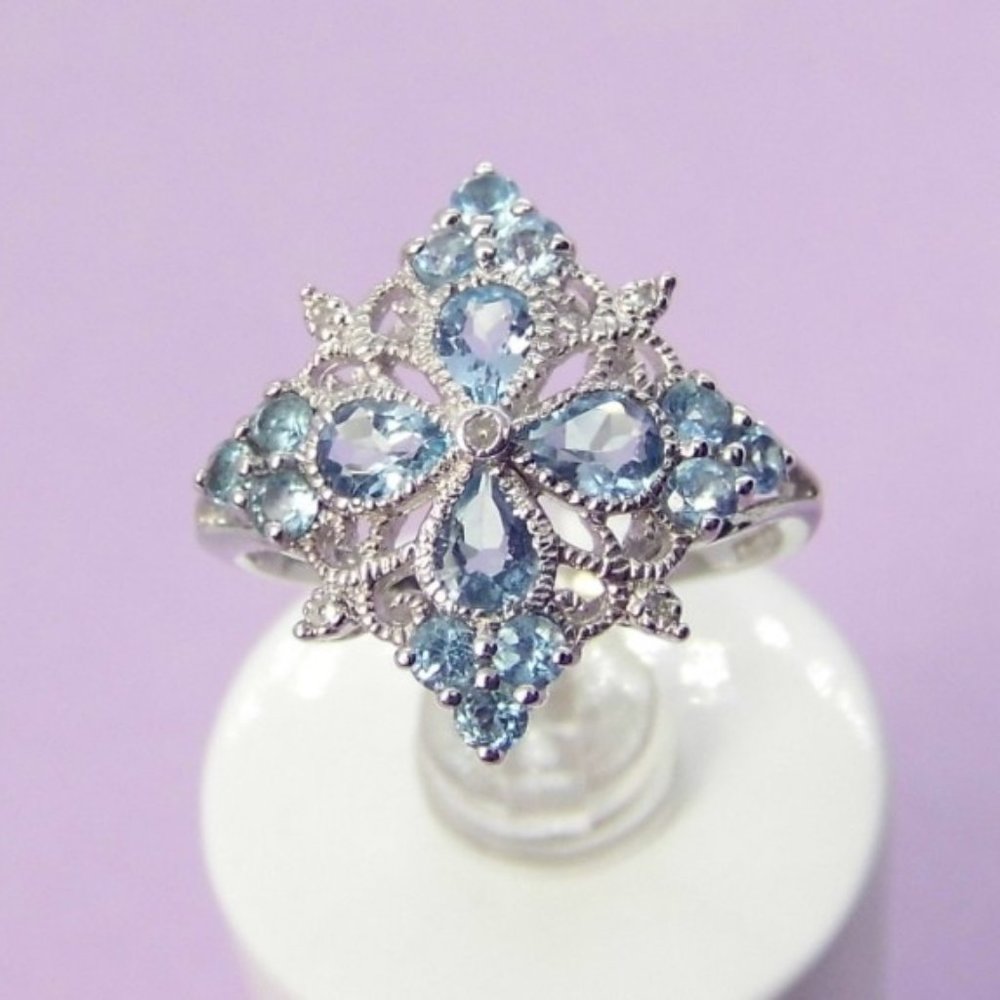 1.20ct Blue TOPAZ & Diamond 10K Gold Flower Ring